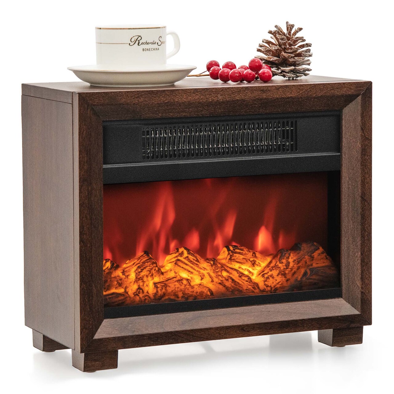 Costway Mini Desktop Electric Fireplace Heater Portable Wooden Fireplace with Vivid Flame Brown